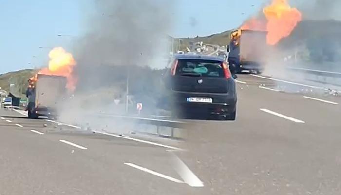 Kamyon alevler içinde kilometrelerce yol kat etti!  Kuzey Marmara Otoyolu'nda korku dolu anlar